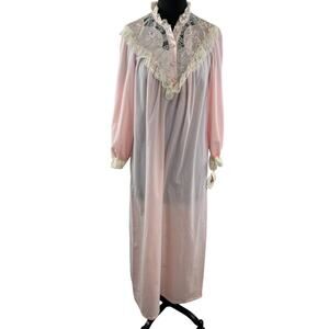 NEW Vintage Ilise Stevens Pink Ivory Floral Lace Long Sleeve Maxi Sleep Gown L